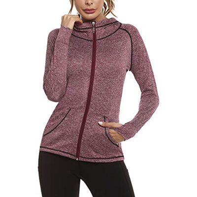 Sykooria Dam enkel dragkedja huvtröja topp damer långärmad sport träning huva jacka sweatshirt kappa huvtröja jacka med fickor och tumhål, Vinrött, M Sykooria Dam enkel dragkedja huvtröja topp damer långärmad sport träning huva jacka sweatshirt kappa huvtröja jacka med fickor och tumhål, Vinrött, M
