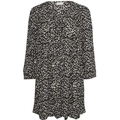 KAFFE dam tunic klänning tryckt långa ärmar, Svart/sand/blå liten blomma, 40 KAFFE dam tunic klänning tryckt långa ärmar, Svart/sand/blå liten blomma, 40