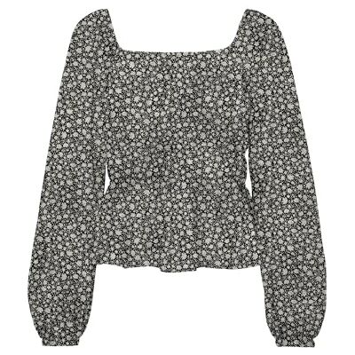 VERO MODA VMMACHA L/S Short Smock TOP WVN GA, Black/Aop: ana, S VERO MODA VMMACHA L/S Short Smock TOP WVN GA, Black/Aop: ana, S