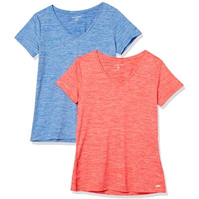 Amazon Essentials Dames Tech stretchig kortärmad V-ringad T-shirt (finns i plusstorlek), 2-Pack, Korallorange Rymdfärg/Ljusblå Rymdfärg, M Amazon Essentials Dames Tech stretchig kortärmad V-ringad T-shirt (finns i plusstorlek), 2-Pack, Korallorange Rymdfärg/Ljusblå Rymdfärg, M
