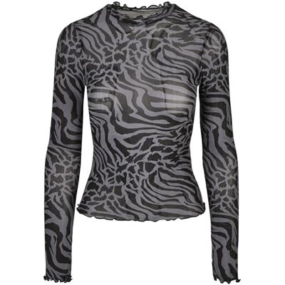 Urban Classics Damer AOP Mesh Turtleneck långärmad t-shirt, Asphalt/svart, XS Urban Classics Damer AOP Mesh Turtleneck långärmad t-shirt, Asphalt/svart, XS