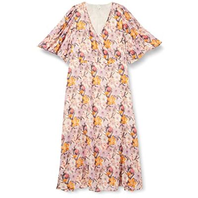Kaffe Curve Damklänning 3/4 ärm i full längd med klackar plus storlek, beige/rosa/orange blomma, 48/Stor Kaffe Curve Damklänning 3/4 ärm i full längd med klackar plus storlek, beige/rosa/orange blomma, 48/Stor