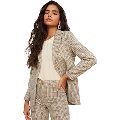 Trendyol Dam vanlig standard pläd tyg blazer rock, Beige, 36 Trendyol Dam vanlig standard pläd tyg blazer rock, Beige, 36