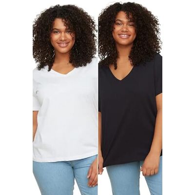 Trendyol Dam dam normal standard v-hals stickad plusstorlek T-shirt, flerfärgad, 4XL, Flerfärgad, 4XL Trendyol Dam dam normal standard v-hals stickad plusstorlek T-shirt, flerfärgad, 4XL, Flerfärgad, 4XL