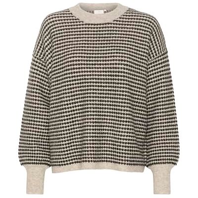 KAFFE Dam pullover rund hals avslappnad passform långa ärmar texturerad stickad, Fjädergrå/svart struktur, XL KAFFE Dam pullover rund hals avslappnad passform långa ärmar texturerad stickad, Fjädergrå/svart struktur, XL