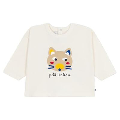 Petit Bateau Långärmad t-shirt i bomull för baby, kattmönster, Mjölk/Multico, 6 M�nader Petit Bateau Långärmad t-shirt i bomull för baby, kattmönster, Mjölk/Multico, 6 M�nader