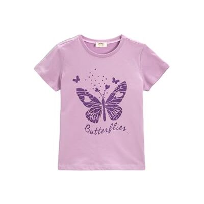 Koton Flickor fjärilstryckt kort ärm bomull t-shirt, Lilac (263), 3-4 År Koton Flickor fjärilstryckt kort ärm bomull t-shirt, Lilac (263), 3-4 År