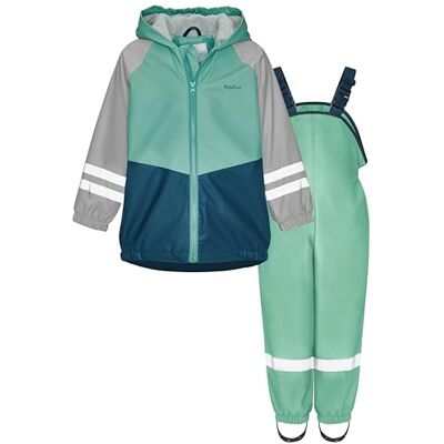Playshoes Tvådelad regndräkt, fleecefoder, fodrad dräkt, Blockfärger grön, 98 Playshoes Tvådelad regndräkt, fleecefoder, fodrad dräkt, Blockfärger grön, 98