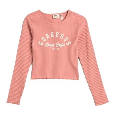 Koton Girls's Tryckt ribbad långärmad rund hals bomull T-shirt, Rosa (274), 7-8 År Koton Girls's Tryckt ribbad långärmad rund hals bomull T-shirt, Rosa (274), 7-8 År