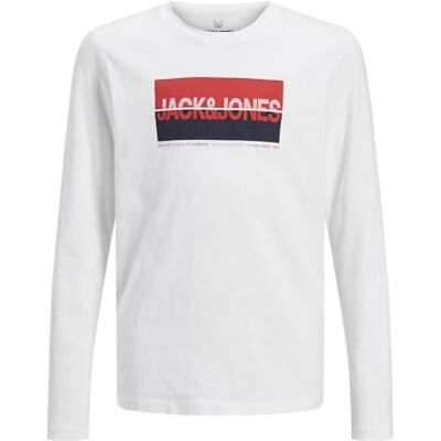 JACK&JONES JUNIOR pojkar Jjnolan Tee Ls Crew Neck Mni långärmad tröja, Vit/tryck: stor, 122 JACK&JONES JUNIOR pojkar Jjnolan Tee Ls Crew Neck Mni långärmad tröja, Vit/tryck: stor, 122