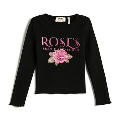 Koton Girls's Ribbed långa ärmar crew neck tryckt bomull T-shirt, Svart (999), 5-6 År Koton Girls's Ribbed långa ärmar crew neck tryckt bomull T-shirt, Svart (999), 5-6 År