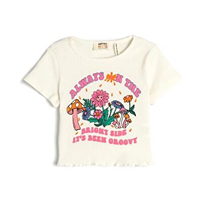 Koton Girls's kortärmad crew neck tryckt ribbad T-shirt, Ecru (010), 7-8 År Koton Girls's kortärmad crew neck tryckt ribbad T-shirt, Ecru (010), 7-8 År