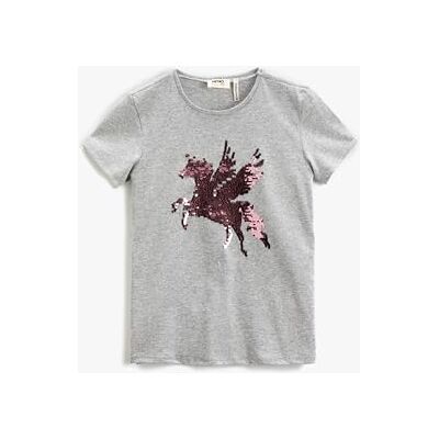 Koton Flickor Daisy paljett kortärmad rund krage T-shirt, Grå (031), 6-7 år Koton Flickor Daisy paljett kortärmad rund krage T-shirt, Grå (031), 6-7 år