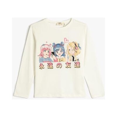 Koton Girls's långärmad anime tryckt crew neck bomull t-shirt, Ecru (010), 5-6 År Koton Girls's långärmad anime tryckt crew neck bomull t-shirt, Ecru (010), 5-6 År
