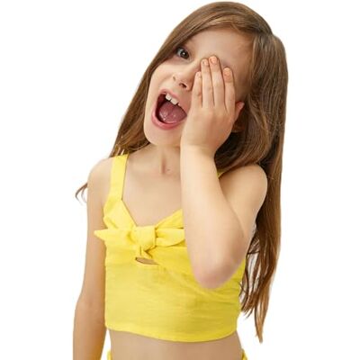 Koton Girls's crop tanktop strappy tig-front detalj gleamy linne, Gul (161), 11-12 År Koton Girls's crop tanktop strappy tig-front detalj gleamy linne, Gul (161), 11-12 År