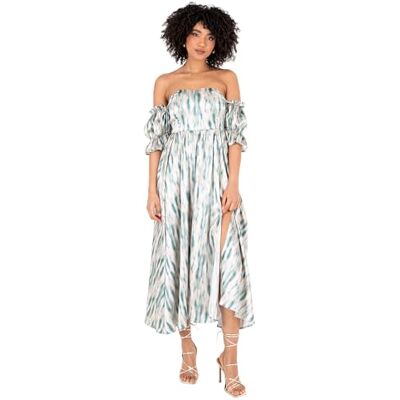 Lovedrobe Kärleksdrobe dam dam midaxi klänning bardot off-the-shoulder neckline kort ruffle ärm A-linje split ben abstrakt tryck, blå 54, blå, 54 SE Lovedrobe Kärleksdrobe dam dam midaxi klänning bardot off-the-shoulder neckline kort ruffle ärm A-linje split ben abstrakt tryck, blå 54, blå, 54 SE