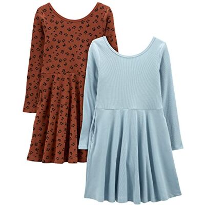Simple Joys by Carter's Simple Joys av Carter's Girls 2-pack stretchribbade klänningar, Brunt djurtryck/dammig blå, 5 Simple Joys by Carter's Simple Joys av Carter's Girls 2-pack stretchribbade klänningar, Brunt djurtryck/dammig blå, 5