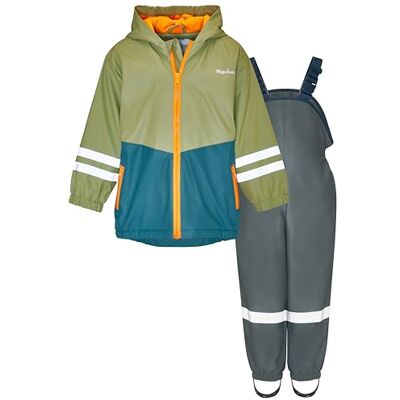 Playshoes Tvådelad regndräkt, fleecefoder, fodrad dräkt, Grön-grå, 104 Playshoes Tvådelad regndräkt, fleecefoder, fodrad dräkt, Grön-grå, 104