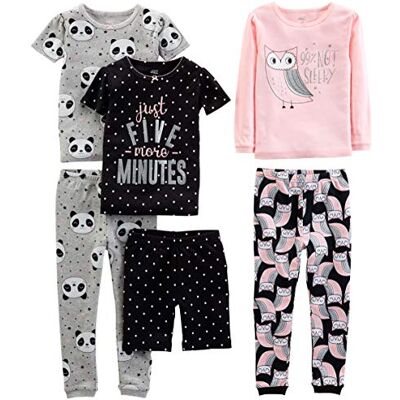 Simple Joys by Carter's Simple Joys av Carter's Girls 6-delad snug fit bomullspyjamasset, Svarta prickar/grå panda/rosa uggla, 7 Simple Joys by Carter's Simple Joys av Carter's Girls 6-delad snug fit bomullspyjamasset, Svarta prickar/grå panda/rosa uggla, 7