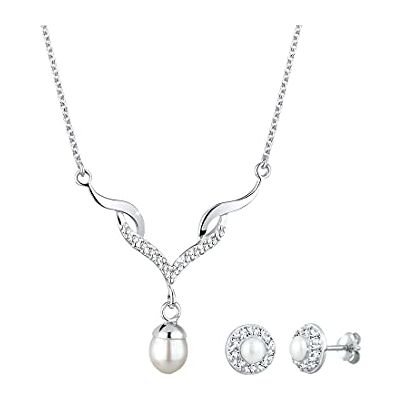 Elli smyckesset damer droppe hänge set örhängen med kristaller och sötvattensodlade pärlor i 925 sterlingsilver, 450, Silver, Pärla Elli smyckesset damer droppe hänge set örhängen med kristaller och sötvattensodlade pärlor i 925 sterlingsilver, 450, Silver, Pärla