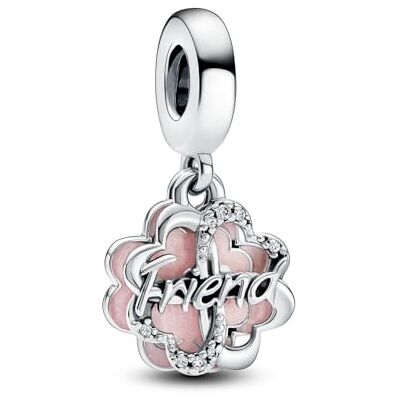 PANDORA Vierblättriges Kleeblatt Freundschaft Doppelter Charm-Anhänger aus Sterling Silber und Emaille Kompatibel mit Moments Armbänder PANDORA Vierblättriges Kleeblatt Freundschaft Doppelter Charm-Anhänger aus Sterling Silber und Emaille Kompatibel mit Moments Armbänder