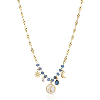 Brosway vergoldete Halskette CHAKRA mit blauem Chalzedon und Mond und Sonne Anhängern für Damen aus Edelstahl mit Kristallen, Länge: 48 cm, BHKN086 Brosway vergoldete Halskette CHAKRA mit blauem Chalzedon und Mond und Sonne Anhängern für Damen aus Edelstahl mit Kristallen, Länge: 48 cm, BHKN086