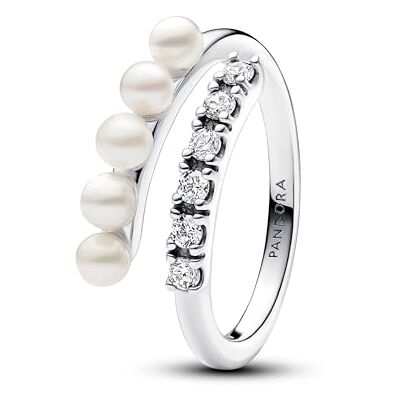PANDORA Timeless Behandelte Süßwasserzuchtperlen & Pavé Offener Ring aus Sterling Silber mit Zirkonia, Größe: 52, 193145C01-52 PANDORA Timeless Behandelte Süßwasserzuchtperlen & Pavé Offener Ring aus Sterling Silber mit Zirkonia, Größe: 52, 193145C01-52