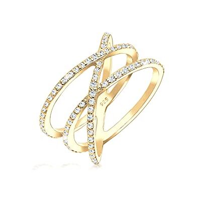 Elli kvinnors 925 sterling silver guldpläterad V-formad ring, N, Silver Guld Silver, Zirkon Elli kvinnors 925 sterling silver guldpläterad V-formad ring, N, Silver Guld Silver, Zirkon