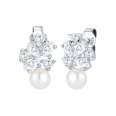 Elli Premium kvinnor blomma zirkon marquise pärla 925 silverörhängen, Sterlingsilver, Zirkon Elli Premium kvinnor blomma zirkon marquise pärla 925 silverörhängen, Sterlingsilver, Zirkon