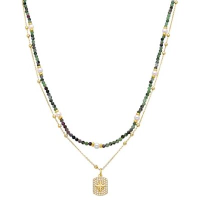 LUXENTER Vitt pärlhalsband färdigt i 18k gult guld Stripe LUXENTER Vitt pärlhalsband färdigt i 18k gult guld Stripe