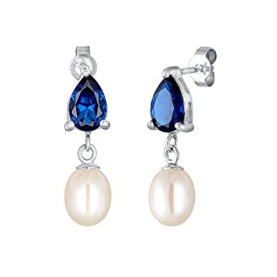 Elli örhängen damer droppar örhängen glittrande med syntetisk safir och sötvattenspärlor i 925 sterling silver, En Storlek, fasettad slipning, Syntetisk safir Elli örhängen damer droppar örhängen glittrande med syntetisk safir och sötvattenspärlor i 925 sterling silver, En Storlek, fasettad slipning, Syntetisk safir