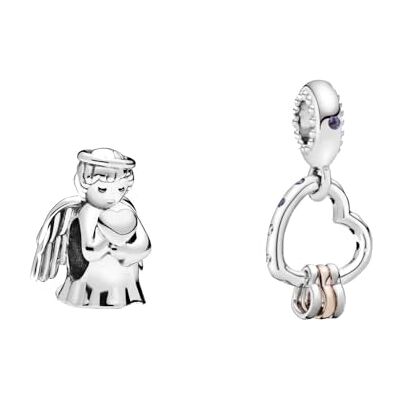 PANDORA Engel der Liebe Charm + Herzen auf Herz Charm-Anhänger aus Sterling Silber mit Zirkoniasteinen verziert, nur mit Moments kompatibel, SET798413C00+787247NLCMX PANDORA Engel der Liebe Charm + Herzen auf Herz Charm-Anhänger aus Sterling Silber mit Zirkoniasteinen verziert, nur mit Moments kompatibel, SET798413C00+787247NLCMX