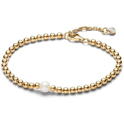PANDORA Timeless Behandelte Süßwasserzuchtperle & Kugeln Armband aus 14 Karat vergoldeter Metalllegierung in der Farbe Gold, Timeless Kollektion, 16cm, 563173C01-16 PANDORA Timeless Behandelte Süßwasserzuchtperle & Kugeln Armband aus 14 Karat vergoldeter Metalllegierung in der Farbe Gold, Timeless Kollektion, 16cm, 563173C01-16