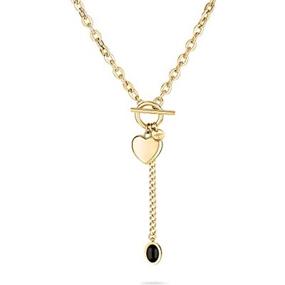 FYNCH-HATTON Y-halsband med hjärthänge och smyckesten cabochon av rostfritt stål, 45 cm, Rostfritt stål, Onyx FYNCH-HATTON Y-halsband med hjärthänge och smyckesten cabochon av rostfritt stål, 45 cm, Rostfritt stål, Onyx