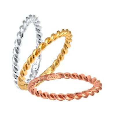 Elli damer äkta smycken ring tricolor set tvinnad i 925 sterlingsilver förgyllt, 54 EU, fasettad slipning, Utan Elli damer äkta smycken ring tricolor set tvinnad i 925 sterlingsilver förgyllt, 54 EU, fasettad slipning, Utan