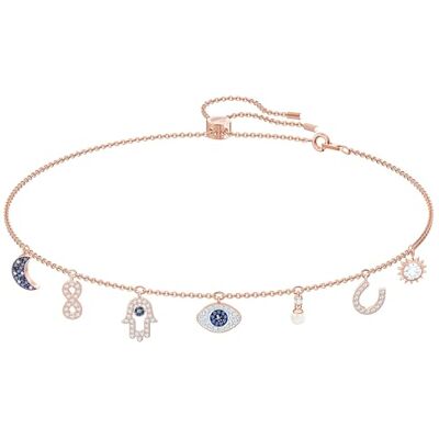 Swarovski symboliskt halsband, måne, oändlighet, hand, onda ögat och hästsko, blå, roséguld pläterad Swarovski symboliskt halsband, måne, oändlighet, hand, onda ögat och hästsko, blå, roséguld pläterad