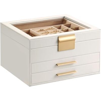 Somduy Smyckeskrin organiserare för kvinnor, 3 lager smyckesförvaring displaybox med glaslock, present till jul, 3 lådor, stor kapacitet för halsband örhängen armband ringar, vit Somduy Smyckeskrin organiserare för kvinnor, 3 lager smyckesförvaring displaybox med glaslock, present till jul, 3 lådor, stor kapacitet för halsband örhängen armband ringar, vit