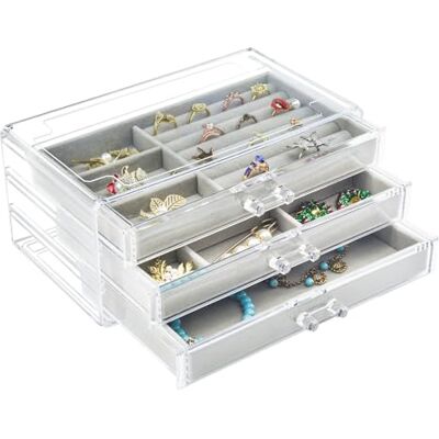 Weiai Akrylsmyckeskrin, 3 lådor, smyckesarrangör i sammet, örhängesringar halsband armband visningsfodral present till kvinnor, flickor Weiai Akrylsmyckeskrin, 3 lådor, smyckesarrangör i sammet, örhängesringar halsband armband visningsfodral present till kvinnor, flickor