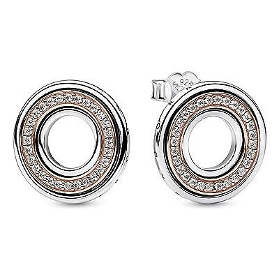 PANDORA Signature Bicolor Logo & Pavé Ohrstecker aus Sterling Silber mit rosévergoldeter Metalllegierung, Zirkonia, Höhe: 15mm, 282780C01 PANDORA Signature Bicolor Logo & Pavé Ohrstecker aus Sterling Silber mit rosévergoldeter Metalllegierung, Zirkonia, Höhe: 15mm, 282780C01