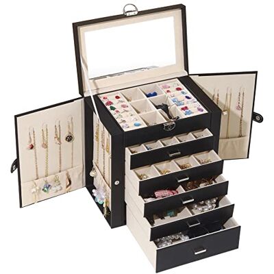 BOOVO smyckeförvaringslåda med stor kapacitet PU-läder 6 lager hänge halsband armband smyckeskrin (svart) BOOVO smyckeförvaringslåda med stor kapacitet PU-läder 6 lager hänge halsband armband smyckeskrin (svart)