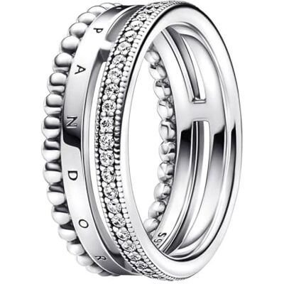 PANDORA Signature logotyp ring i sterling silver med pavé, pärlor och klar kubisk zirkonia, 48 PANDORA Signature logotyp ring i sterling silver med pavé, pärlor och klar kubisk zirkonia, 48