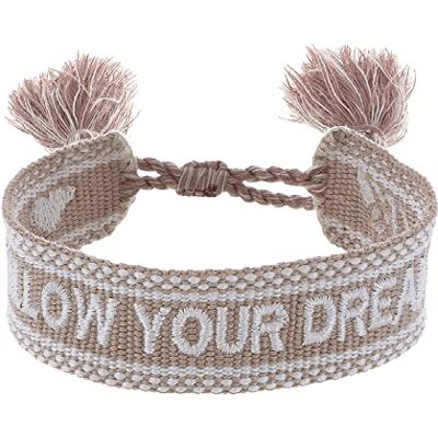 Engelsrufer Damen Armband aus Polyester und Baumwolle in beige weiß mit FOLLOW YOUR DREAMS Stickerei Kordelverschluss größenverstellbar Engelsrufer Damen Armband aus Polyester und Baumwolle in beige weiß mit FOLLOW YOUR DREAMS Stickerei Kordelverschluss größenverstellbar