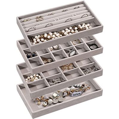Frebeauty Smyckesorganiseringsbricka, stapelbara smyckesbrickor i sammet, lådinsatser örhänge organiserare för kvinnor flickor smycken förvaring visningsfodral för ringar knopphalsband, set med 4 Frebeauty Smyckesorganiseringsbricka, stapelbara smyckesbrickor i sammet, lådinsatser örhänge organiserare för kvinnor flickor smycken förvaring visningsfodral för ringar knopphalsband, set med 4