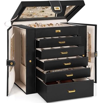 AKOZLIN enormt smyckeskrin, organiserare, funktionell, låsbar, extra stort lädersmyckeförvaringsfodral för kvinnor, flickor, ring, halsband, örhängen, armband, hållare organisatör med spegel, svart AKOZLIN enormt smyckeskrin, organiserare, funktionell, låsbar, extra stort lädersmyckeförvaringsfodral för kvinnor, flickor, ring, halsband, örhängen, armband, hållare organisatör med spegel, svart