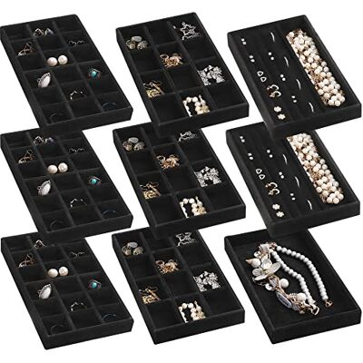Frebeauty Smyckesorganiseringsbricka, stapelbara smyckesbrickor i sammet, lådinsatser örhänge organiserare för kvinnor flickor smycken förvaring visningsfodral för ringar knopphalsband, set med 9 Frebeauty Smyckesorganiseringsbricka, stapelbara smyckesbrickor i sammet, lådinsatser örhänge organiserare för kvinnor flickor smycken förvaring visningsfodral för ringar knopphalsband, set med 9