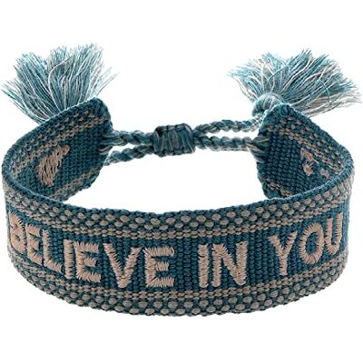 Engelsrufer Damen Armband aus Polyester und Baumwolle in grün beige mit BELIEVE IN YOU Stickerei Kordelverschluss größenverstellbar Engelsrufer Damen Armband aus Polyester und Baumwolle in grün beige mit BELIEVE IN YOU Stickerei Kordelverschluss größenverstellbar