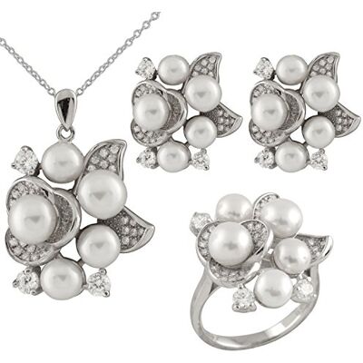 Bella Pearls Set med kubisk zirkonia och vita örhängen med sötvattenspärlor i sterling silver, hänge med 45,72 cm kedja och ring e Silver, N, colore: Vitt, cod. NERSR-10-N Bella Pearls Set med kubisk zirkonia och vita örhängen med sötvattenspärlor i sterling silver, hänge med 45,72 cm kedja och ring e Silver, N, colore: Vitt, cod. NERSR-10-N