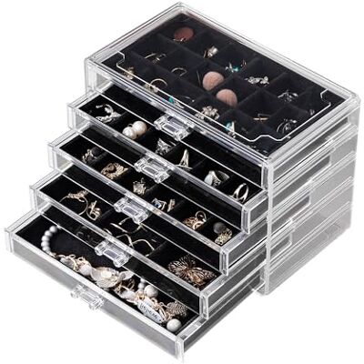 Frebeauty Smyckesarrangör i akryl, örhänge, organiseringsbox med 5 lådor, klar smyckeskrin med sammetsbrickor för kvinnor, stapelbar visningshållare för ringar, dubbar och armband (svart) Frebeauty Smyckesarrangör i akryl, örhänge, organiseringsbox med 5 lådor, klar smyckeskrin med sammetsbrickor för kvinnor, stapelbar visningshållare för ringar, dubbar och armband (svart)