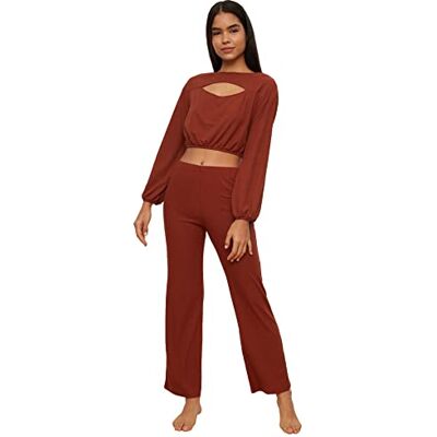 Trendyol Dam cinnamon urklippt detaljerad kamigrade stickad pjamas pyjamas-set, kanel, XL Trendyol Dam cinnamon urklippt detaljerad kamigrade stickad pjamas pyjamas-set, kanel, XL