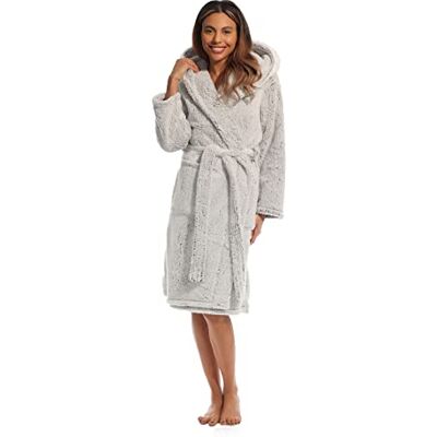 Light & Shade Vacker kvinna supermjuk korall fleece frostad fuskpäls huva morgonrock morgonrock, grå, L/X-Large Light & Shade Vacker kvinna supermjuk korall fleece frostad fuskpäls huva morgonrock morgonrock, grå, L/X-Large